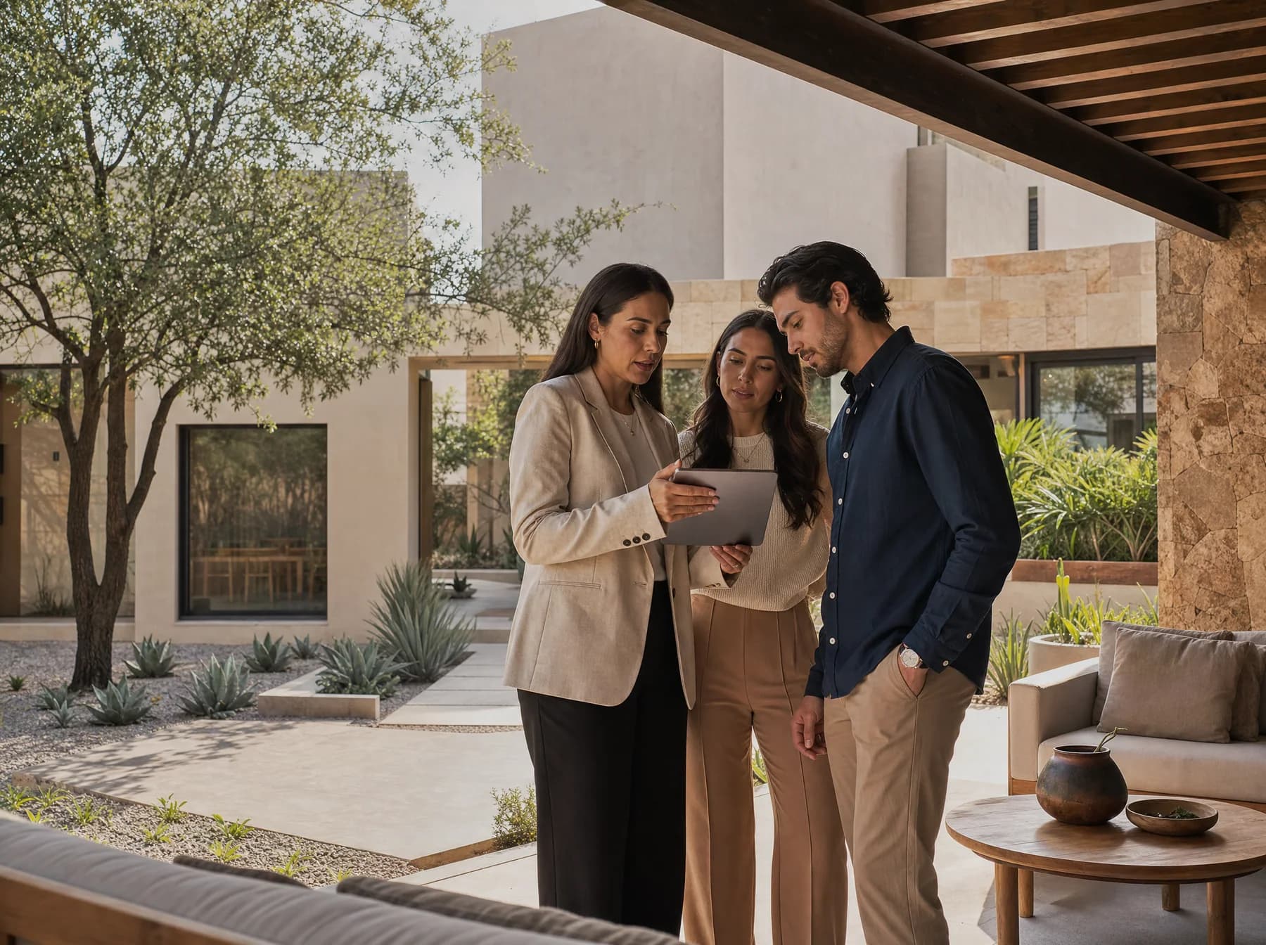 Asesor inmobiliario revisando inventario con clientes